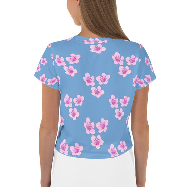 "Pink Cherry Blossom" Women's All-Over Print Crop Tee