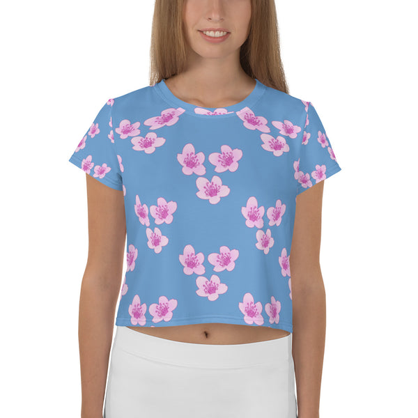 "Pink Cherry Blossom" Women's All-Over Print Crop Tee