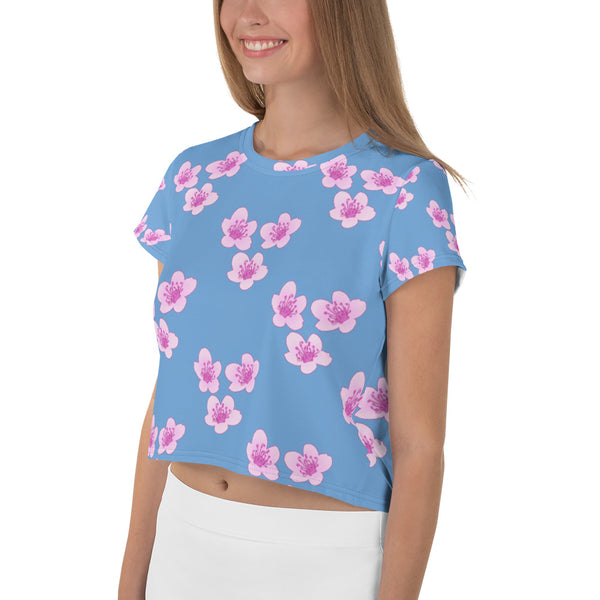 "Pink Cherry Blossom" Women's All-Over Print Crop Tee