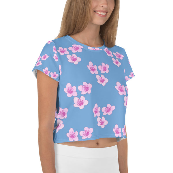 "Pink Cherry Blossom" Women's All-Over Print Crop Tee